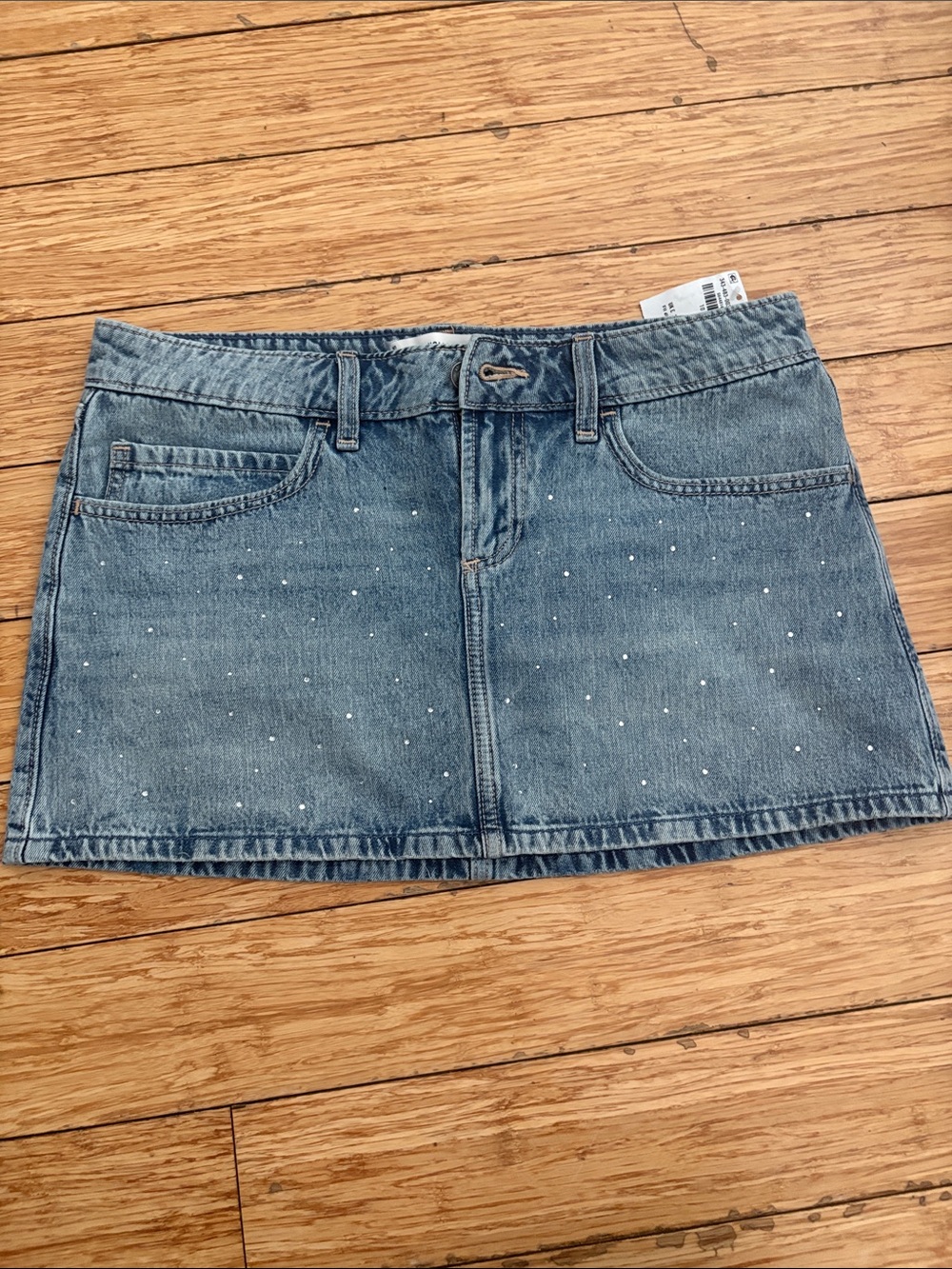 Denim Mini Skort with Subtle Rhinestone Accents - Blue
